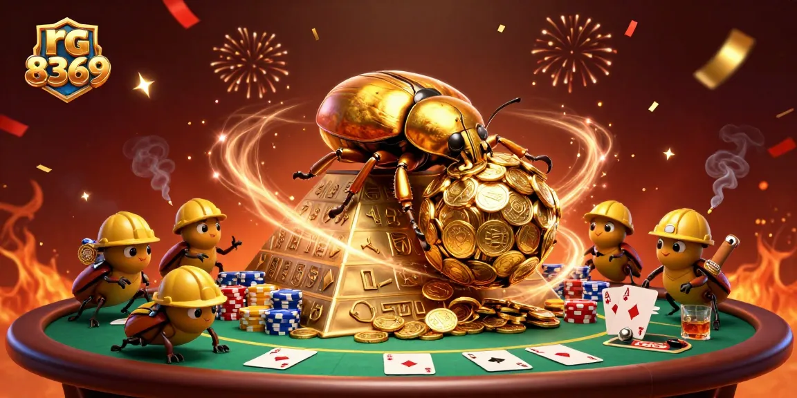 Play big with rg 8369 as the golden beetle rolls in casino magic among vibrant poker elements.