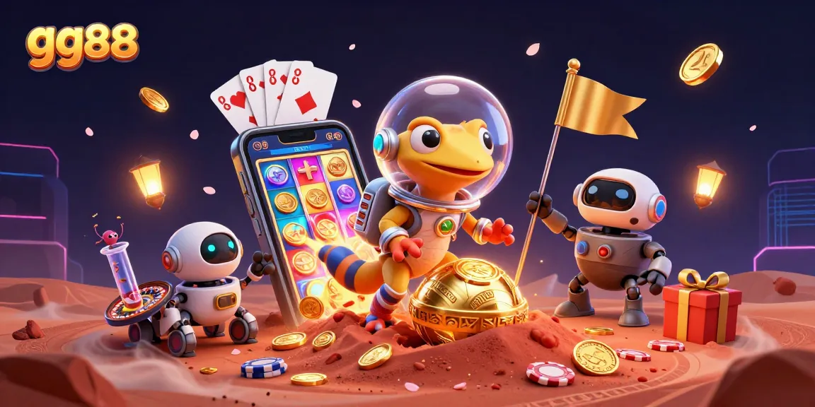 gg88 Martian gecko discovers a golden casino with vibrant gaming elements in a dynamic illustration