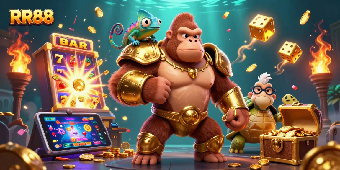 Experience thrilling casino action with RR88 featuring a colorful gorilla king, chameleon, and tortoise in an exciting gaming scene.